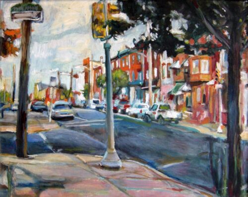 Oil painting of Frankford and Dauphin streets in Fishtown Philadelphia, by Noel Hefele