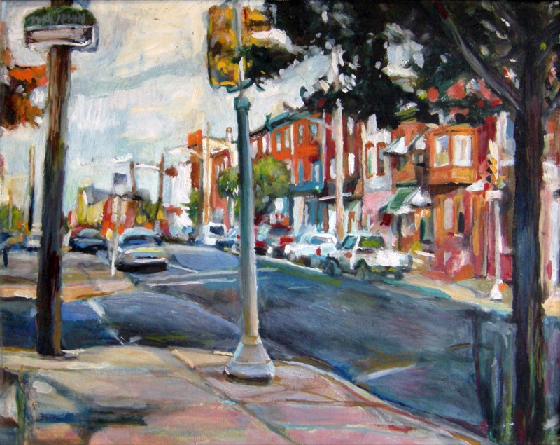 Oil painting of Frankford and Dauphin streets in Fishtown Philadelphia, by Noel Hefele