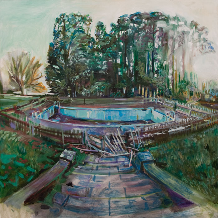 Oil painting of abandoned swimming pool at Aller Park by Noel Hefele