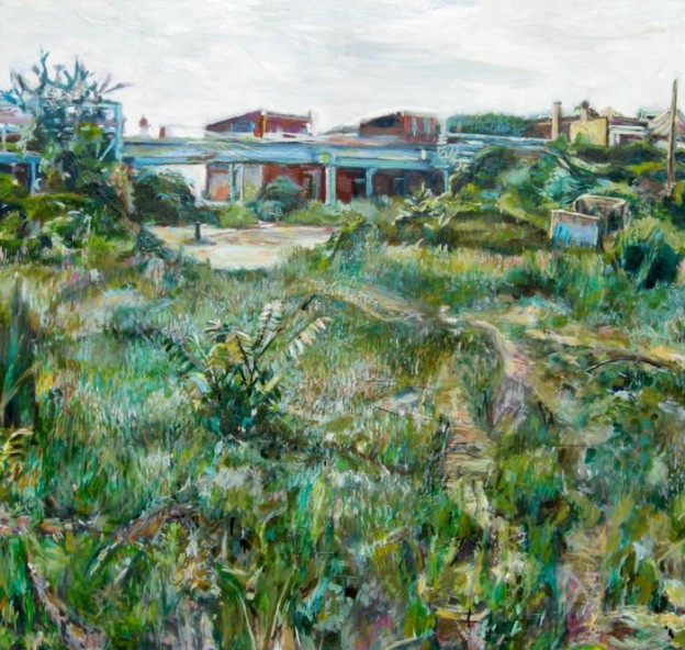 Oil painting of an overgrown field in Fishtown, by Noel Hefele