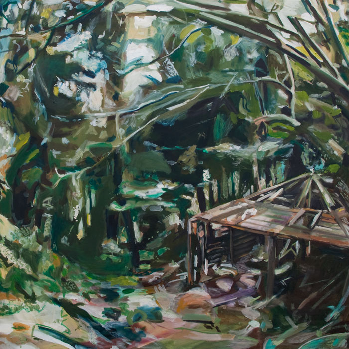Oil Painting by Noel Hefele of a makeshift shelter in the woods along the dart river
