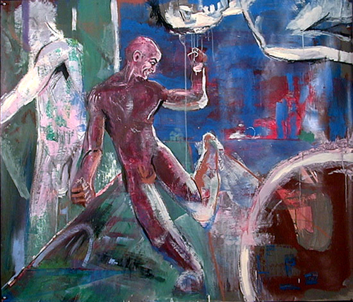 Painting on paper of a dancing bald guy by Noel Hefele
