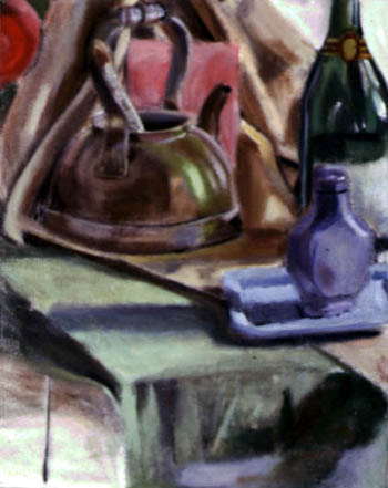 Oil painting of a teapot and still life by Noel Hefele