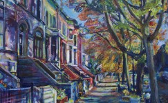 Oil painting of Midwood block brownstones with trees in Prospect Lefferts Gardens Brooklyn NYC by artist Noel Hefele