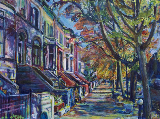 Oil painting of Midwood block brownstones with trees in Prospect Lefferts Gardens Brooklyn NYC by artist Noel Hefele