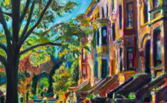 Oil painting of Lincoln Road brownstones with a street tree in Prospect Lefferts Gardens Brooklyn NYC by artist Noel Hefele