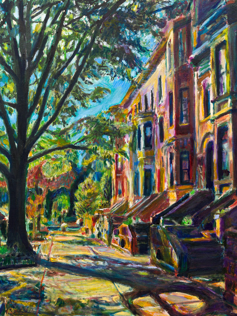 Oil painting of Lincoln Road brownstones with a street tree in Prospect Lefferts Gardens Brooklyn NYC by artist Noel Hefele