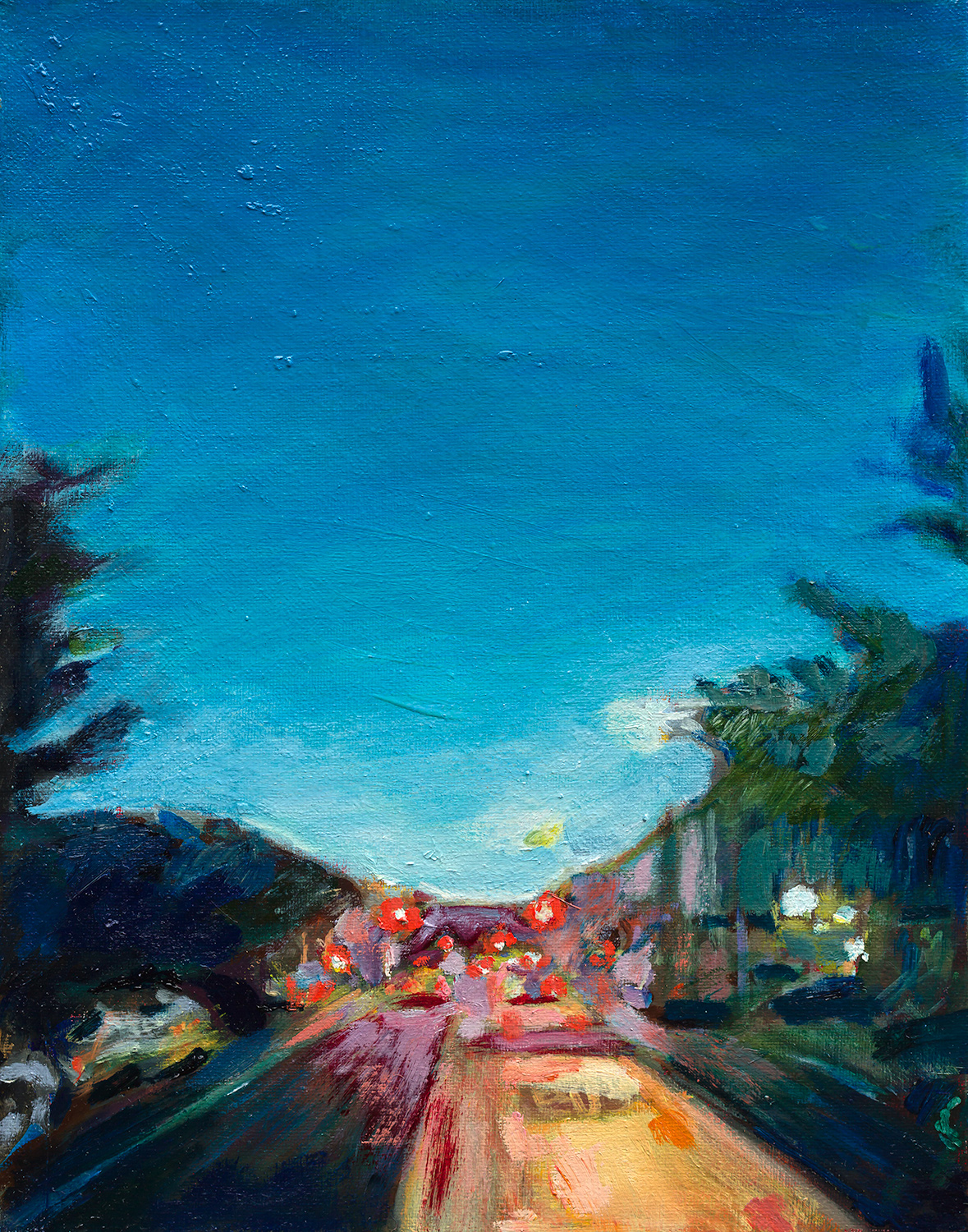 Oil Painting of Rogers Ave Brooklyn at Dusk, by Noel Hefele with a deep blue evening sky and red lights of cars in the distance.