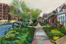 oil painting by noel hefele of lefferts avenue along the sidewalk