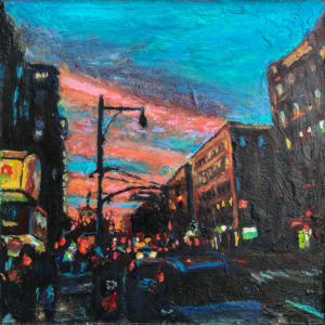 Oil Painting by Noel Hefele of the corner of Beekman and Flatbush Brooklyn at sunset