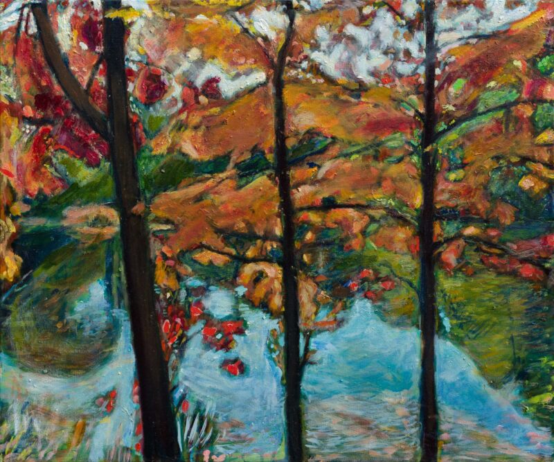 oil painting of red autumn trees in front of a lake reflection in Prospect Park Brooklyn, by Noel Hefele