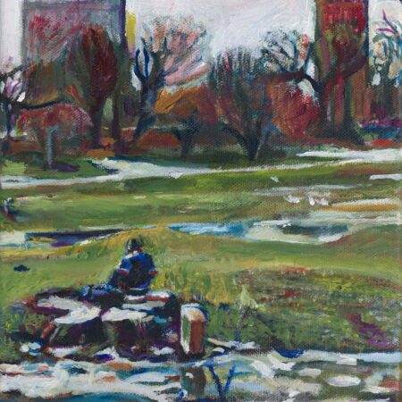 oil painting by noel hefele of the Long Meadow in Prospect Park Brooklyn in early spring