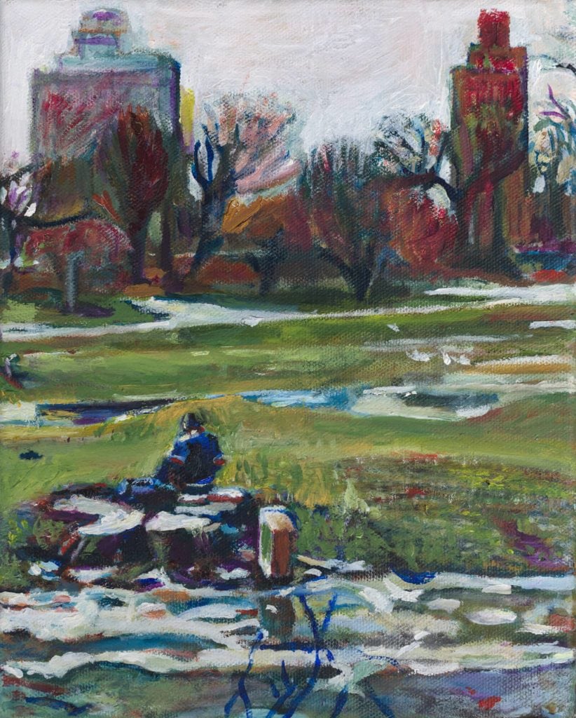 oil painting by noel hefele of the Long Meadow in Prospect Park Brooklyn in early spring
