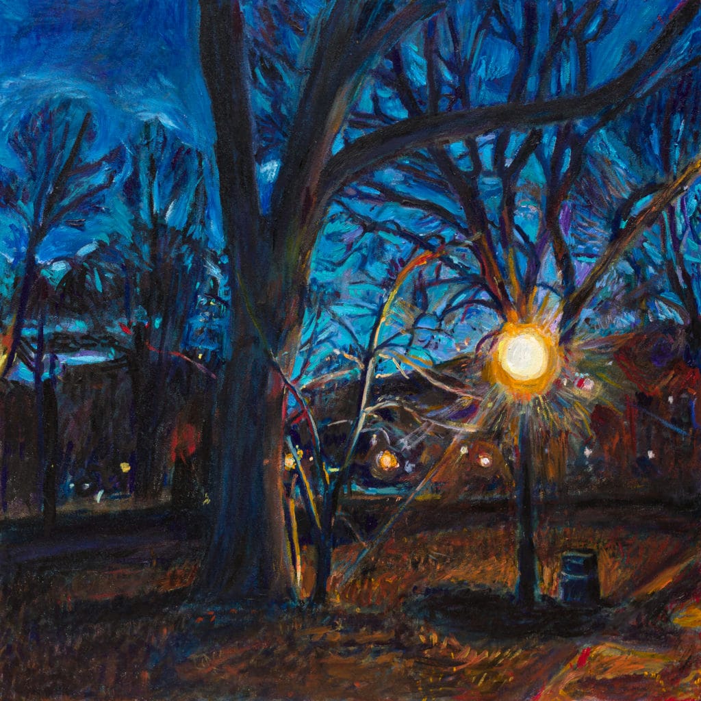 blue oil painting of a light at night in Prospect Park by Noel Hefele