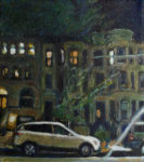noel hefele oil painting of Midwood Street in Prospect Lefferts Gardens at night.