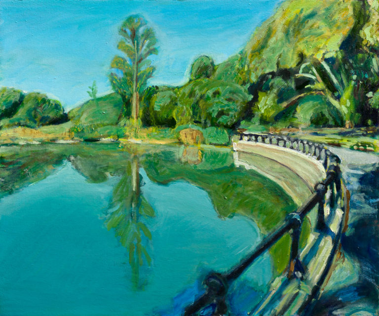 oil painting of music island area in prospect park by the painter noel hefele