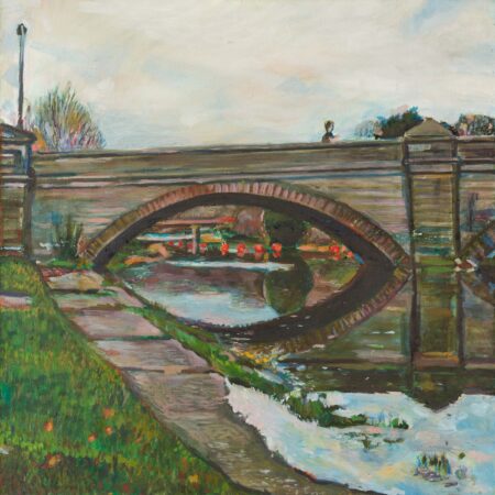 Oil painting of Totnes Bridge by artist Noel Hefele, depicting a person walking across the bridge as the water floods over the banks.