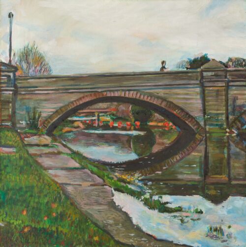 Oil painting of Totnes Bridge by artist Noel Hefele, depicting a person walking across the bridge as the water floods over the banks.