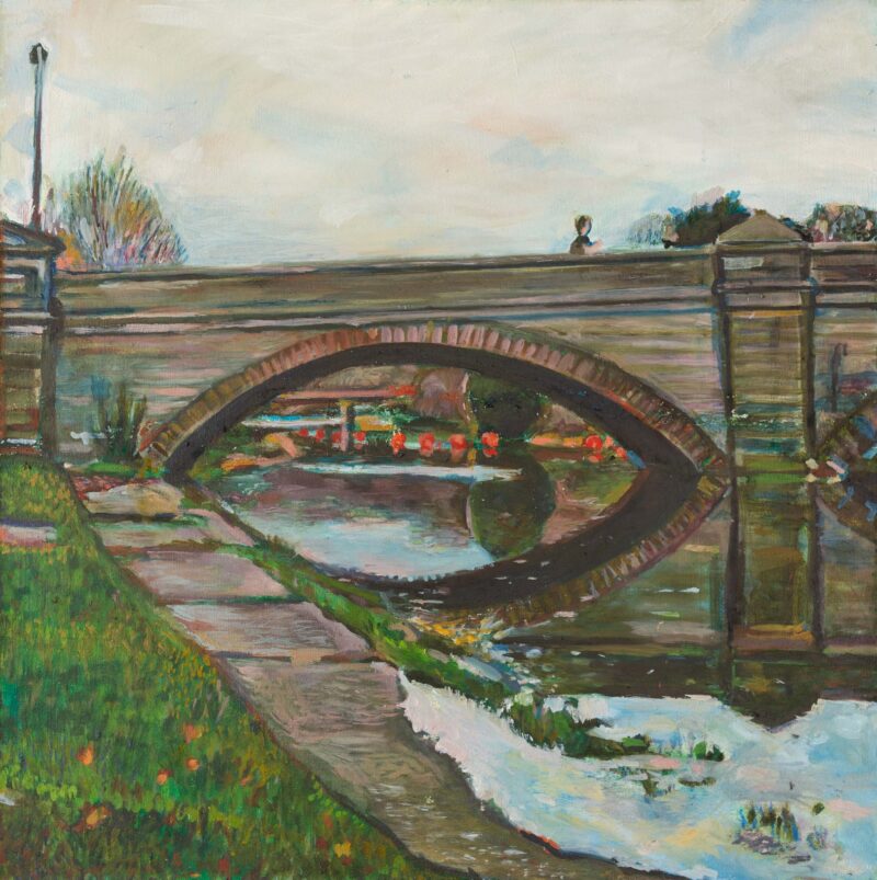 Oil painting of Totnes Bridge by artist Noel Hefele, depicting a person walking across the bridge as the water floods over the banks.