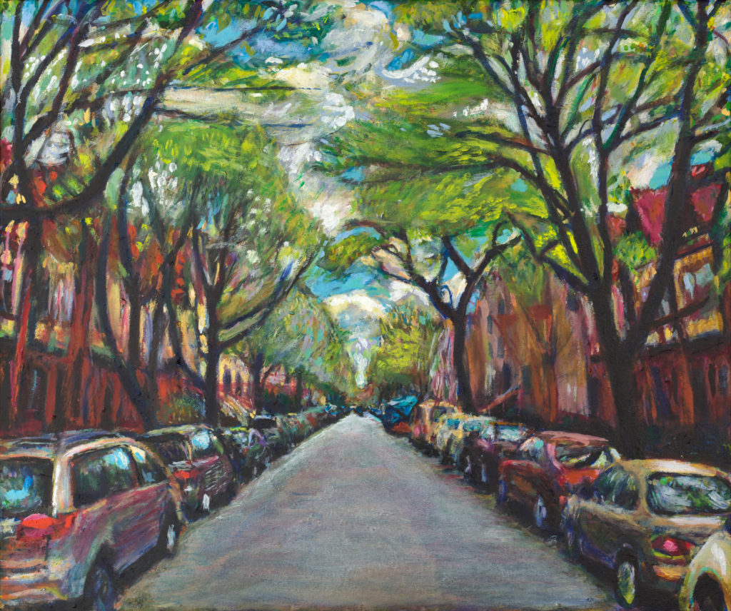 Oil painting of Rutland Road in Brooklyn, featuring the Tudor style houses and cars lining the sidewalk, painted in 2019 by artist Noel Hefele.