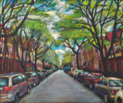 Oil painting of Rutland Road in Brooklyn, featuring the Tudor style houses and cars lining the sidewalk, painted in 2019 by artist Noel Hefele.