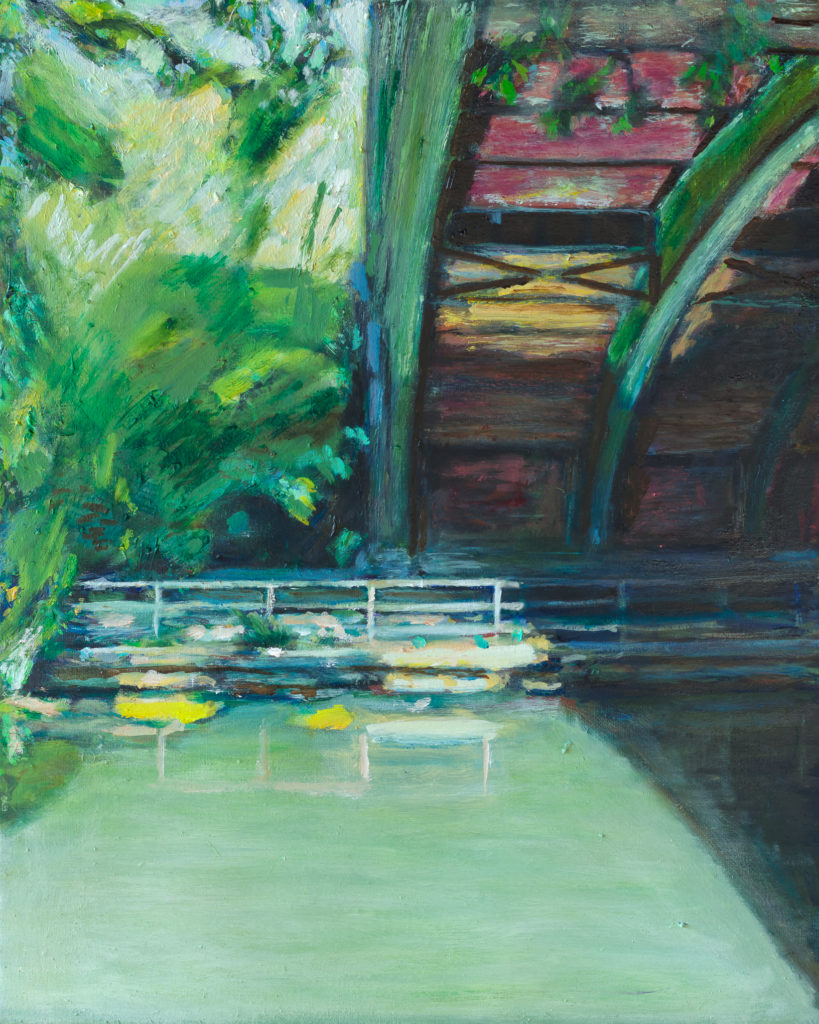 Oil Painting under Terrace Bridge in Prospect Park Brooklyn by Noel Hefele with plenty of green color