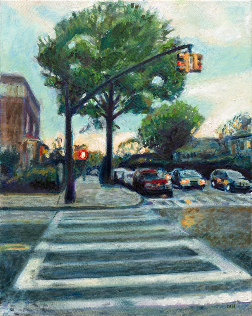 Oil painting of a Pin Oak on Maple street in Brooklyn by Noel Hefele
