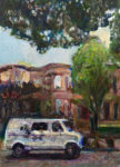 Oil painting of a quiet street scene on Midwood in Brooklyn, with a van in the foreground and red brownstones in the background, by artist Noel Hefele.