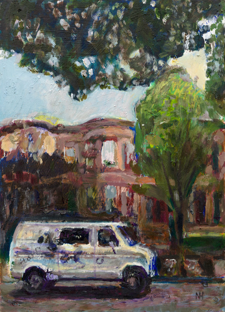 Oil painting of a quiet street scene on Midwood in Brooklyn, with a van in the foreground and red brownstones in the background, by artist Noel Hefele.