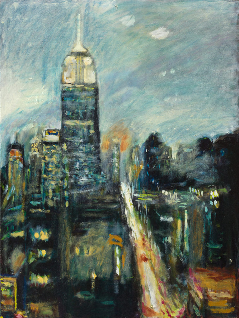 The Empire State Building at night as depicted in an 18" x 24" oil painting on linen by artist Noel Hefele.