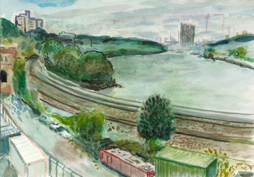 View from the Target Parking Lot in Marble Hill, watercolor by Noel Hefele
