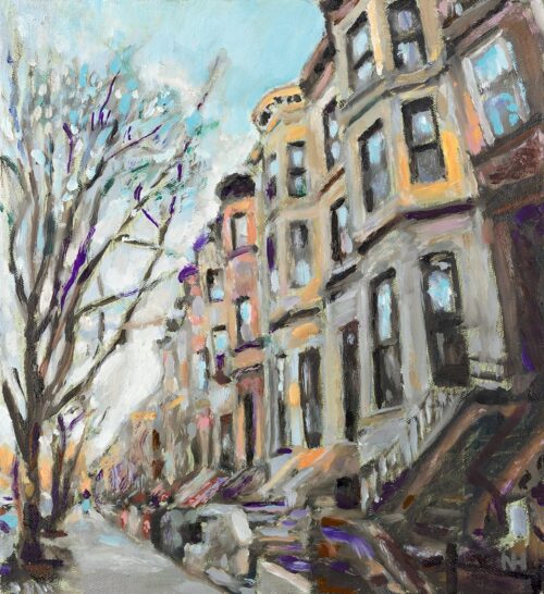 Rutland Road Brownstones in Prospect Lefferts Gardens, Brooklyn, as depicted in an 11" x 12" oil painting by artist Noel Hefele.