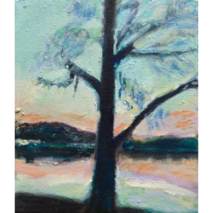 Oil painting of Prospect Park lake at evening with warm light on water by Noel Hefele
