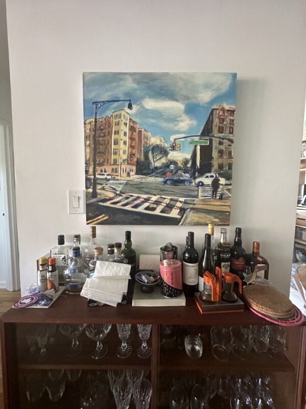 30 by 30 inch oil painting depicting a scene from Prospect Lefferts Gardens, Brooklyn, displayed on a home wall.