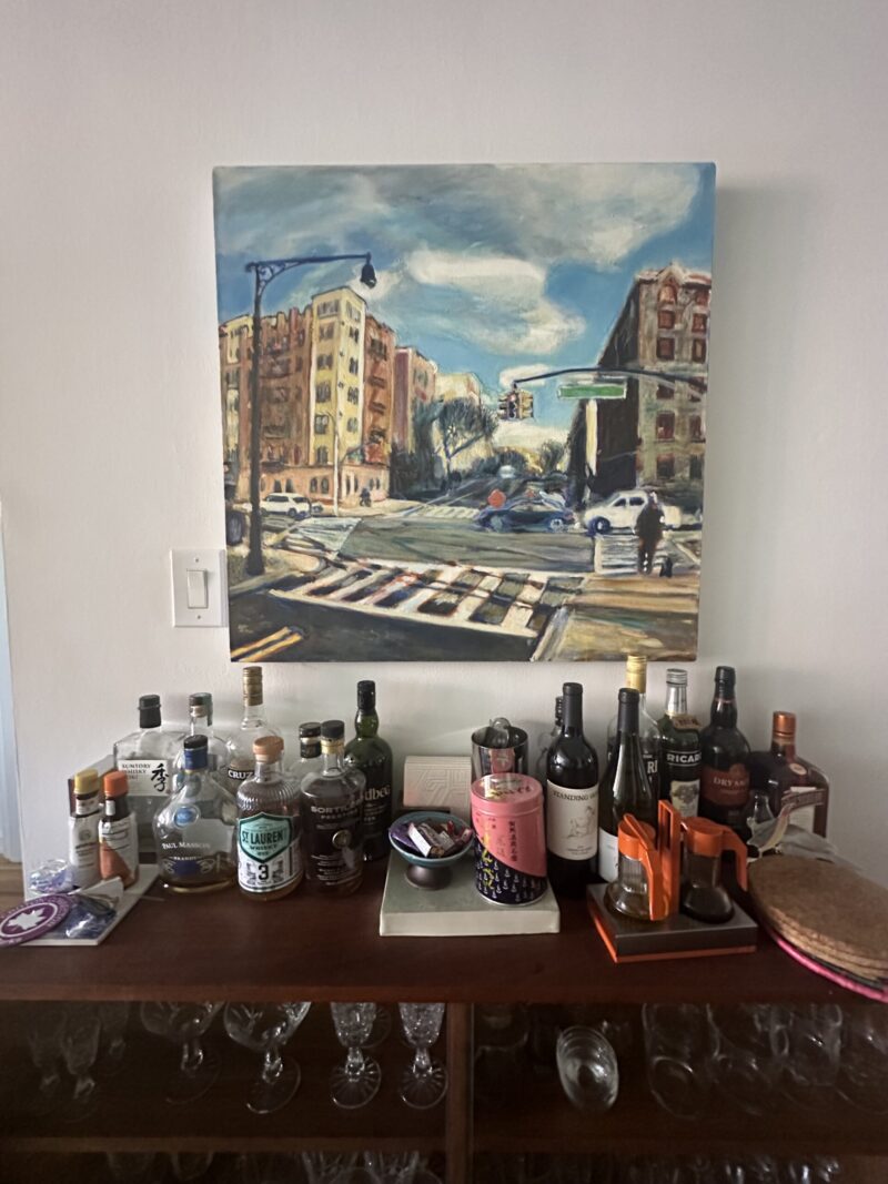 30 by 30 inch oil painting depicting a scene from Prospect Lefferts Gardens, Brooklyn, displayed on a home wall.