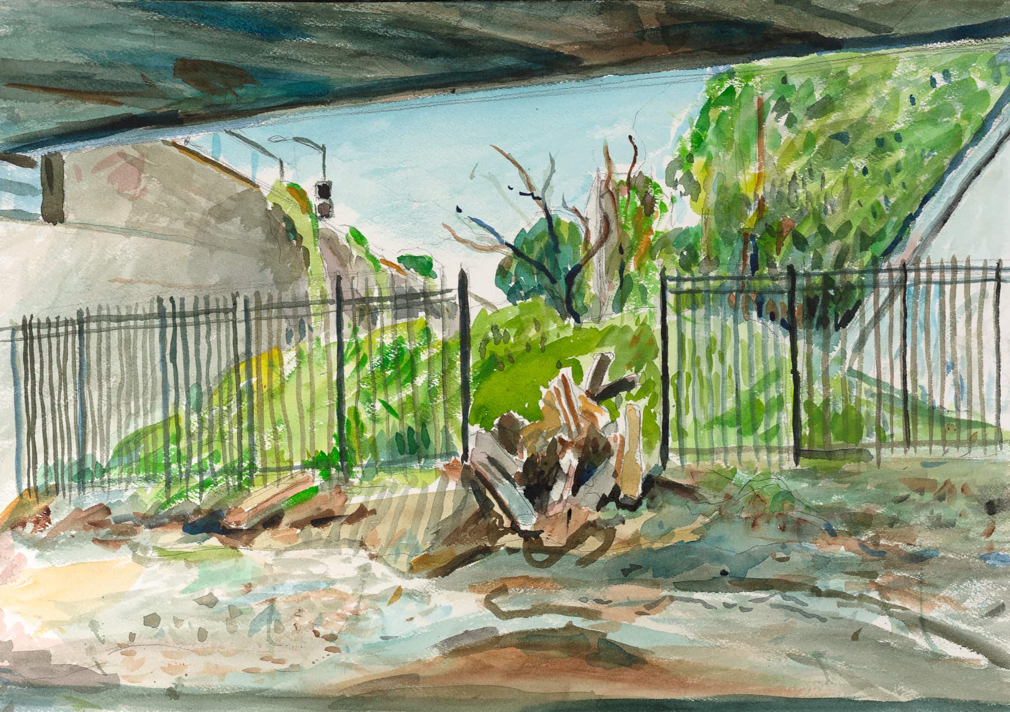 Watercolor painting Under Van Cortlandt Ave West Bridge by Noel Hefele