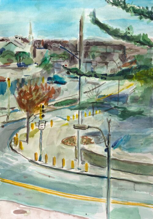Watercolor painting of Tibbetts Historical End in the Bronx by Noel Hefele
