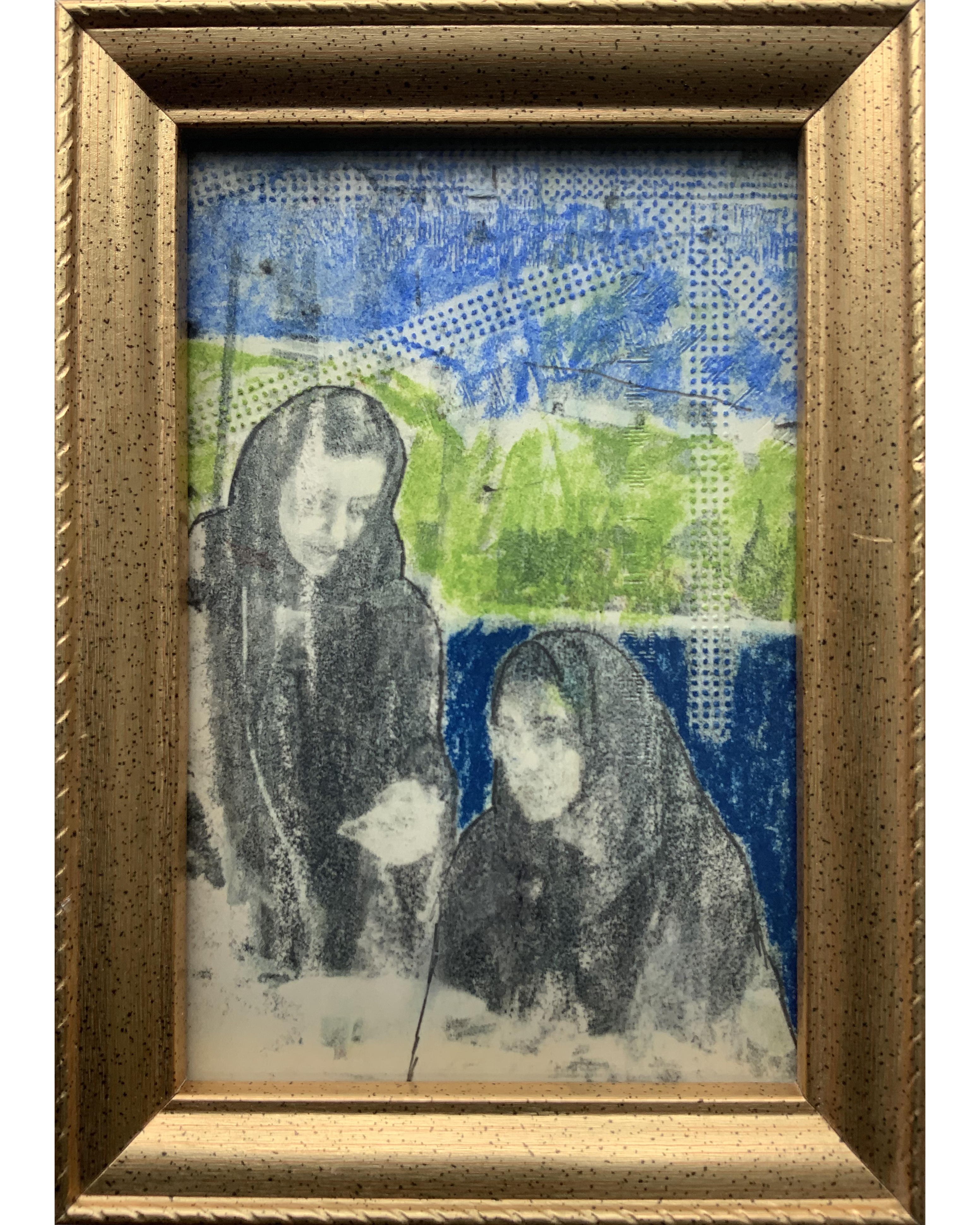 small work on paper by Noel hefele of two women by a lakeside