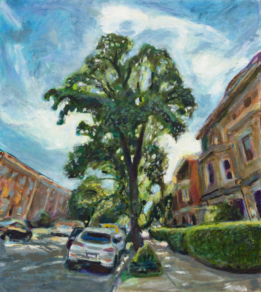Oil painting of Midwood street in Flatbush Brooklyn by Noel Hefele