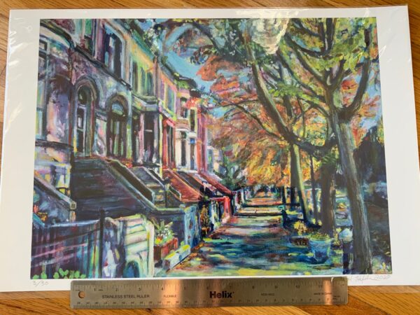 13"x19" Midwood Street Brownstones giclee print on floor with ruler showing size and no foam backing