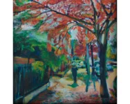 Bedford Ave giclee print in Prospect Lefferts Gardens with autumn red tree in the background