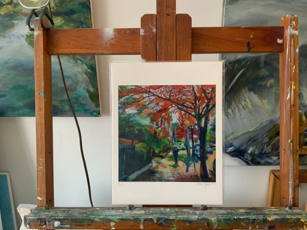 Bedford Ave giclee print in Prospect Lefferts Gardens with person walking on sidewalk in the foreground