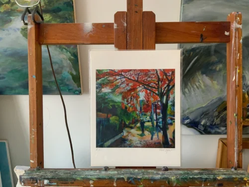 Bedford Ave giclee print in Prospect Lefferts Gardens with person walking on sidewalk in the foreground