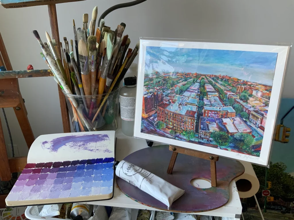 Noel Hefele's limited edition giclee print of Flatbush building rooftops in Prospect Lefferts Gardens, Brooklyn