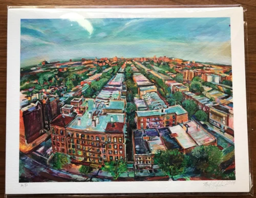 Noel Hefele's limited edition giclee print of Flatbush building rooftops in Prospect Lefferts Gardens, Brooklyn