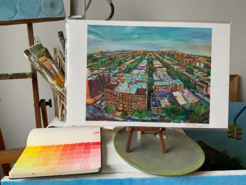 Noel Hefele's limited edition giclee print of Flatbush building rooftops in Prospect Lefferts Gardens, Brooklyn