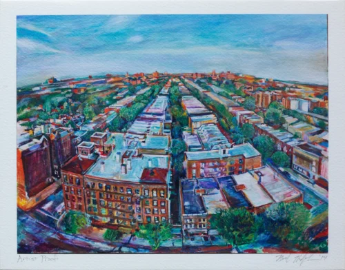 Noel Hefele's limited edition giclee print of Flatbush building rooftops in Prospect Lefferts Gardens, Brooklyn