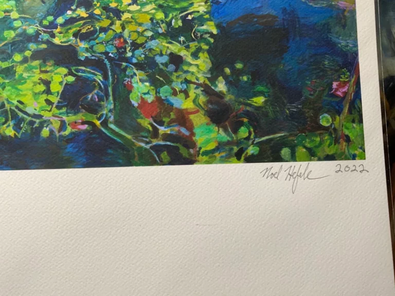 Closeup of Noel Hefele's signature on 'Picturesque Prospect Park Lake' giclee prints