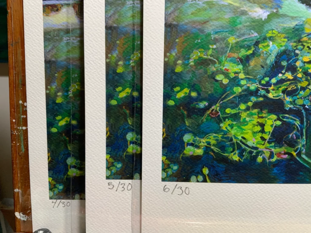 Numbered edition giclee prints of 'Picturesque Prospect Park Lake' oil painting