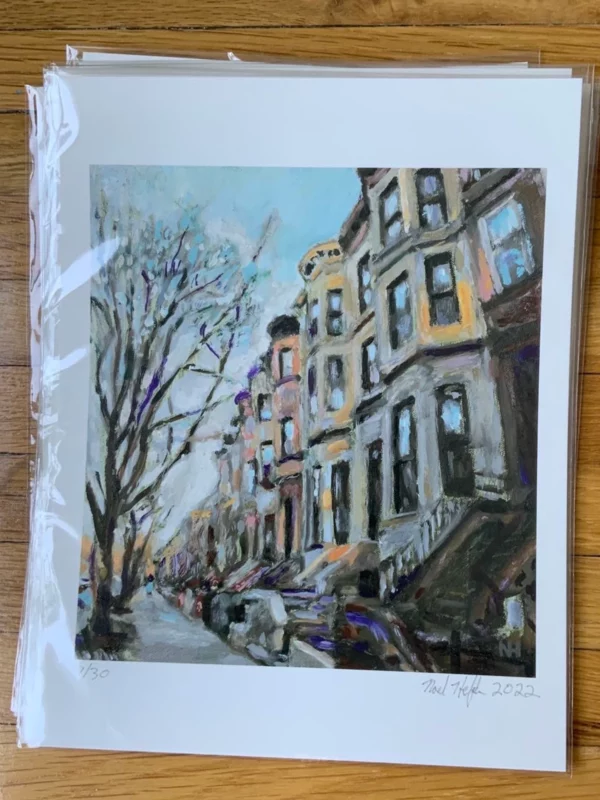 Limited Edition Giclee Print of Brooklyn Brownstones by Noel Hefele, signed and numbered.